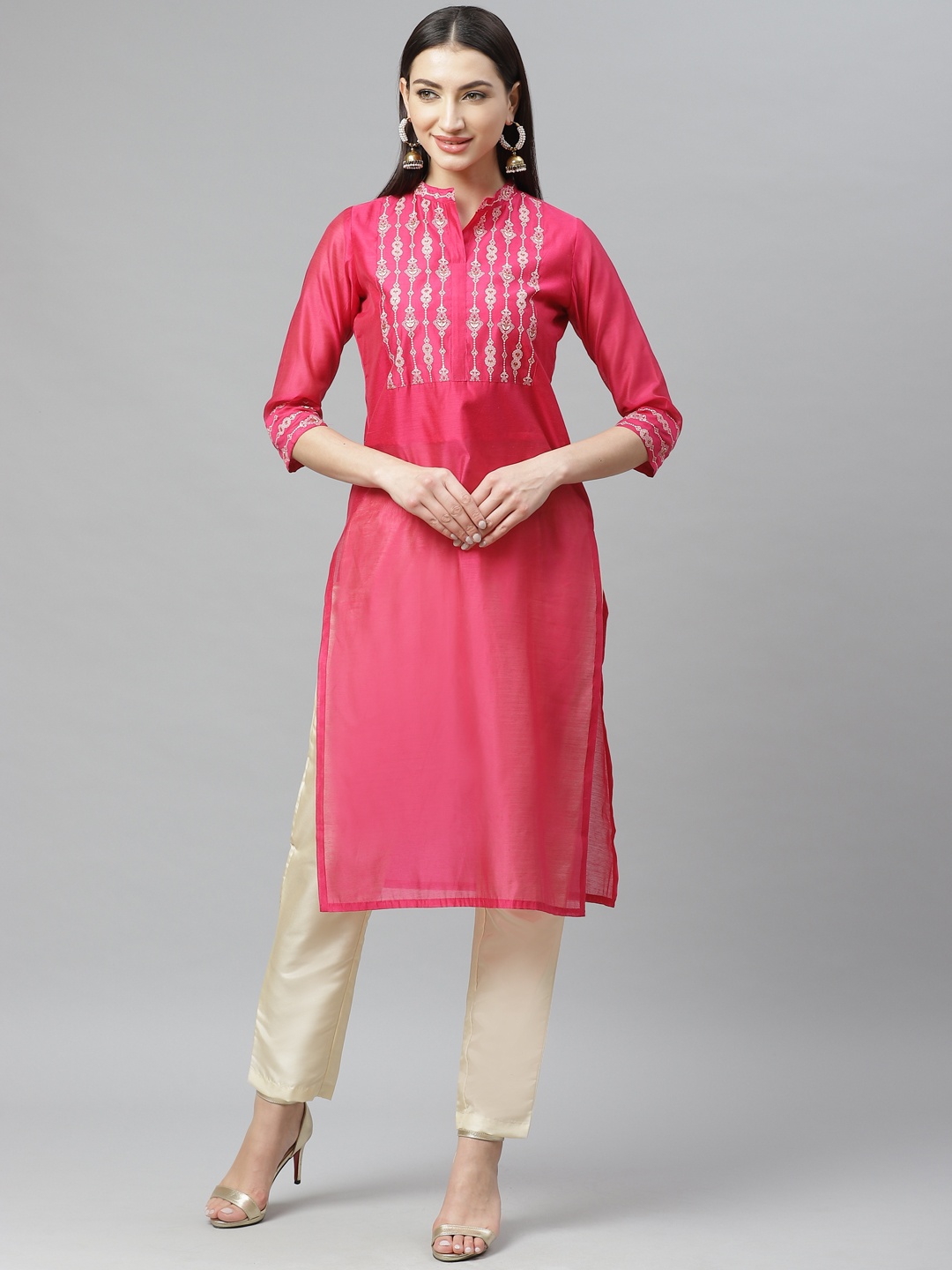 

Myshka Women Magenta & Golden Yoke Design Kurta with Trousers