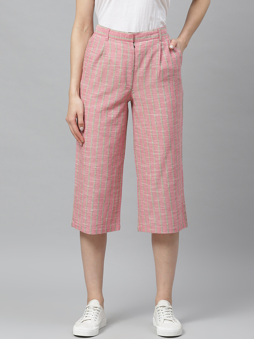 

Myshka Women Pink & Green Striped Regular Fit Culottes
