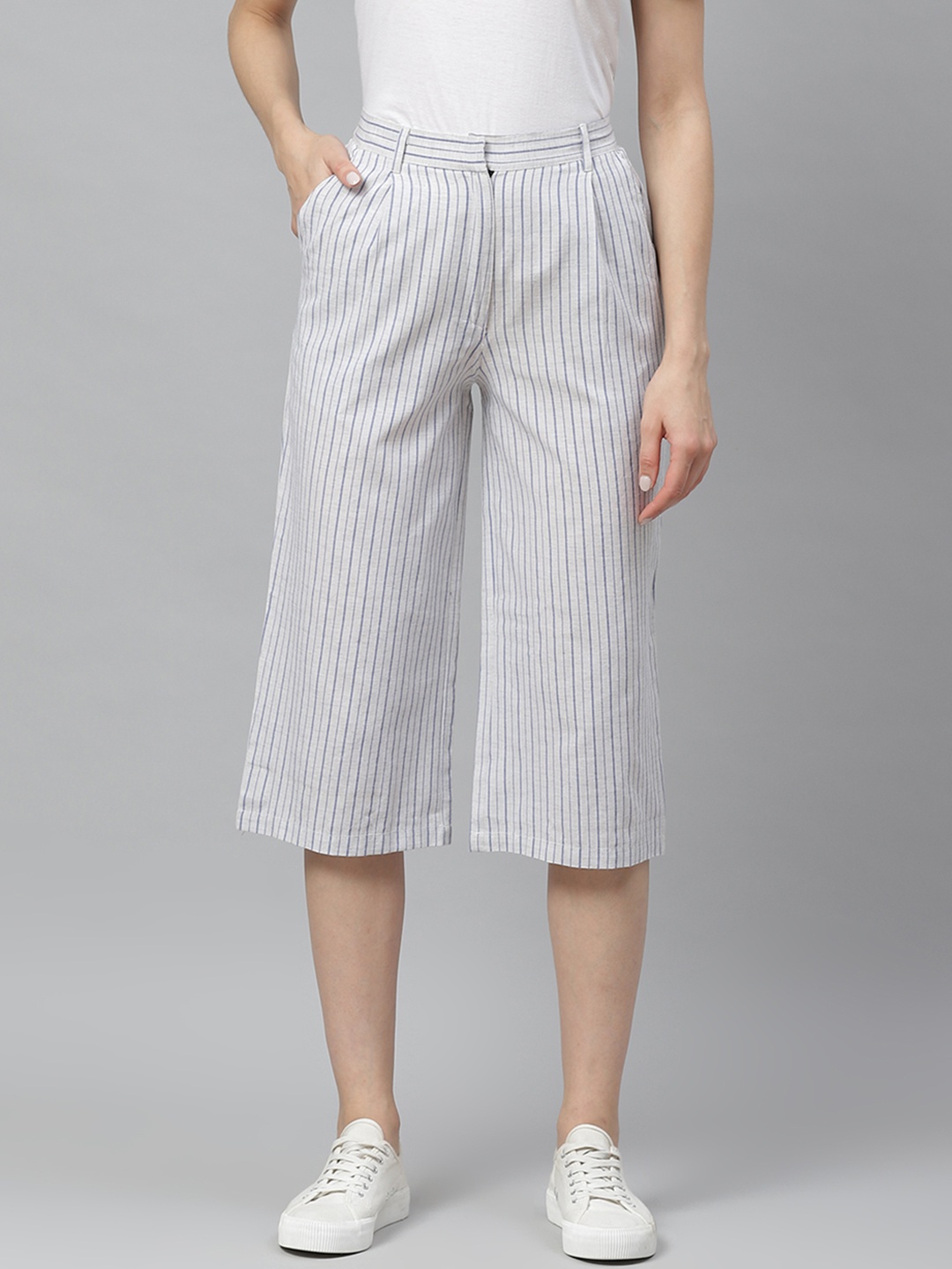 

Myshka Women Off-White & Blue Striped Regular Fit Culottes