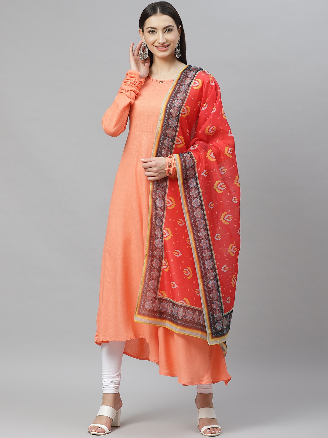 

Myshka Women Peach-Coloured Solid A-Line Asymmetric Kurta With Dupatta