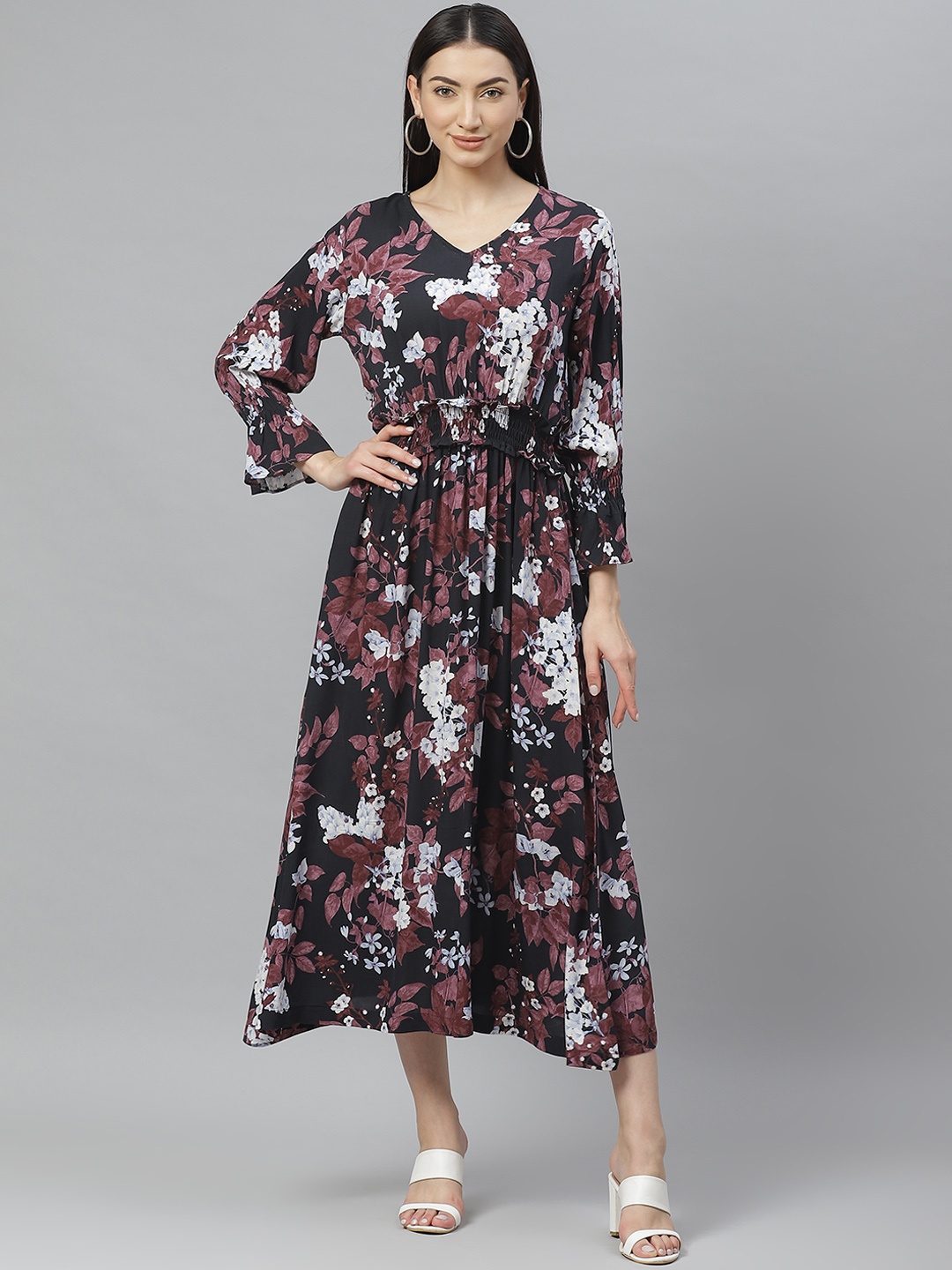 

Myshka Women Black & Burgundy Printed Maxi Dress, Brown