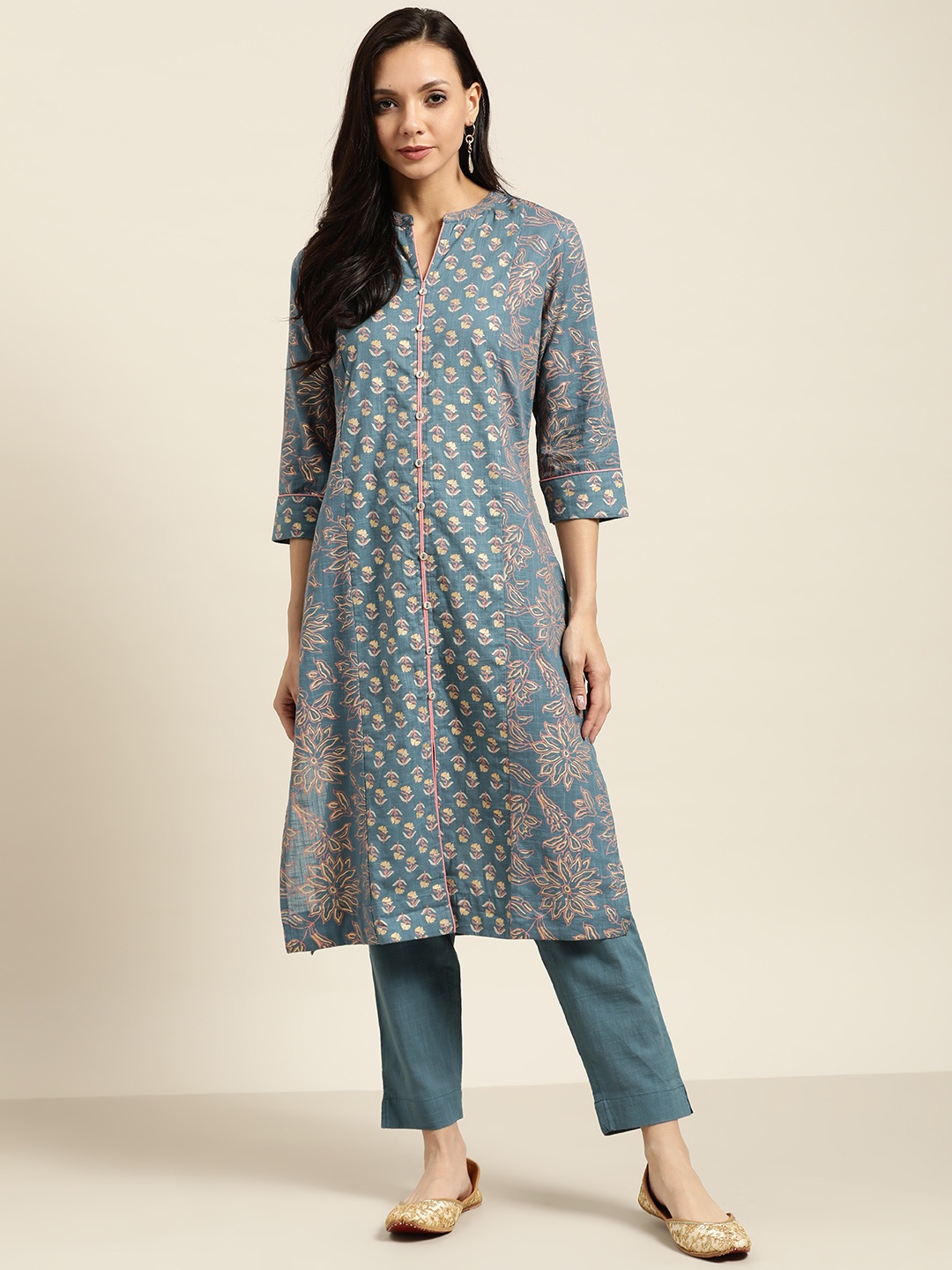

Sangria Women Teal & Pink Printed Cotton Kurta with Trousers
