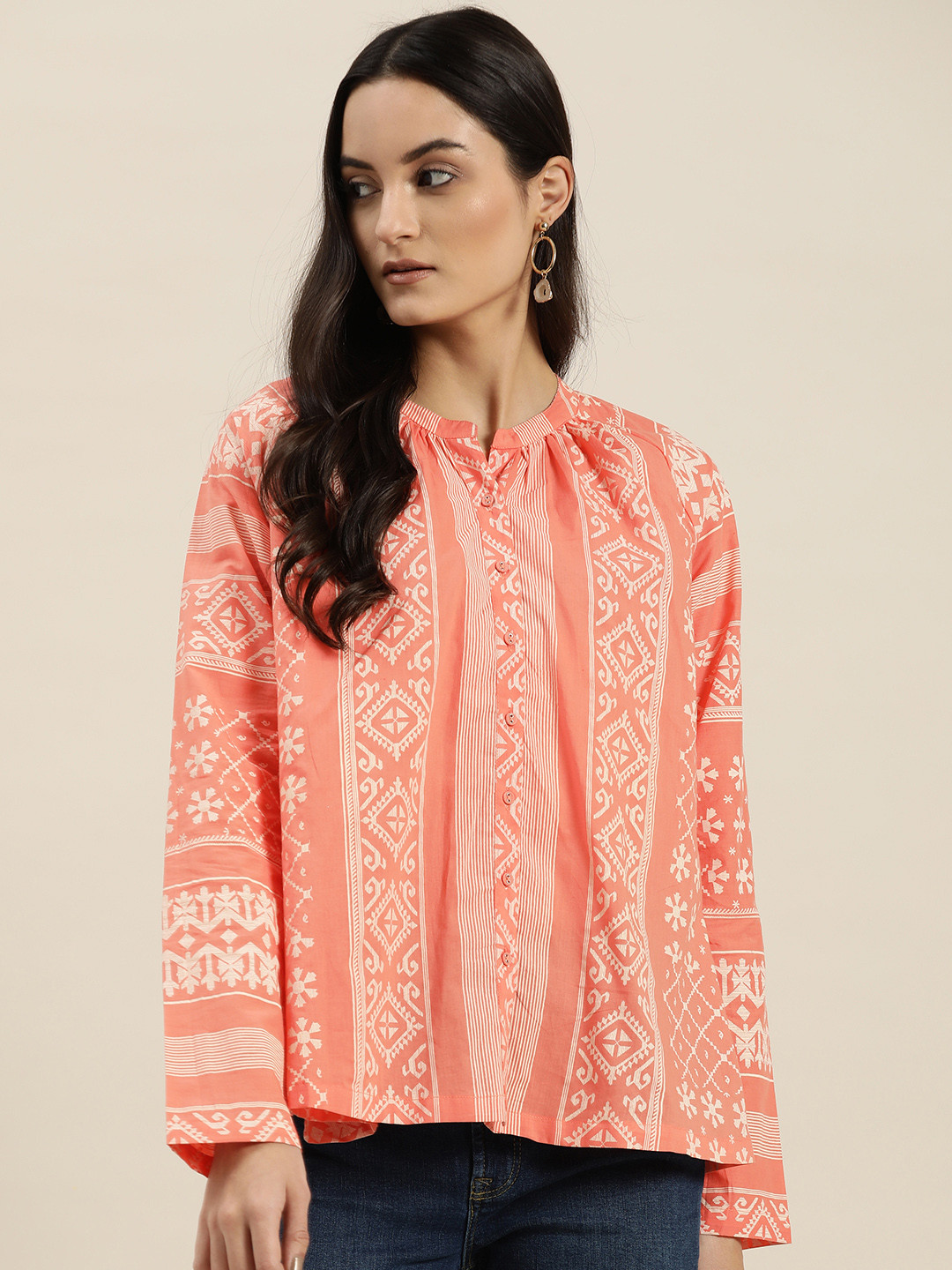 

Sangria Women Peach-Coloured & White Printed A-Line Top