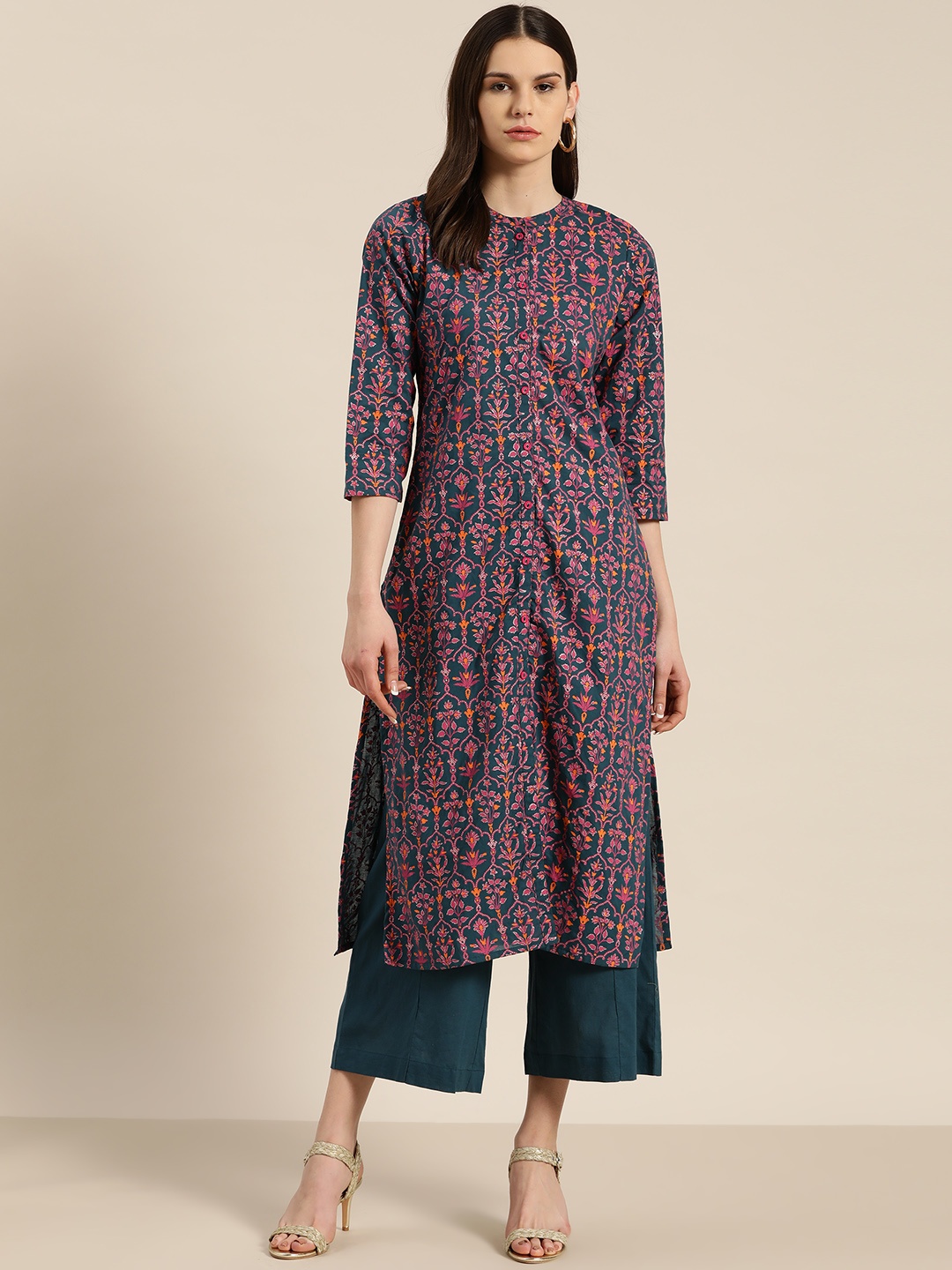 

Sangria Women Teal Blue & Pink Ethnic Print Pure Cotton Kurta with Trousers