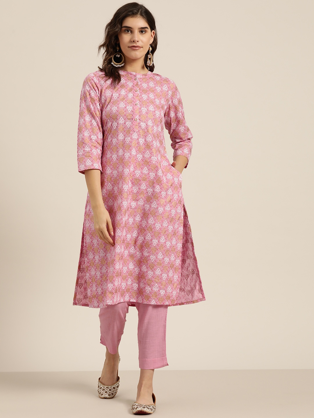 

Sangria Women Pink & White Pure Cotton Khadi Printed Kurta with Trousers