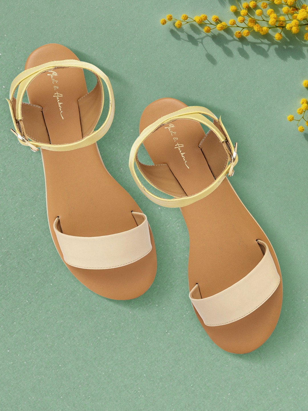 

Mast & Harbour Women Beige & Yellow Colourblocked Open Toe Flats