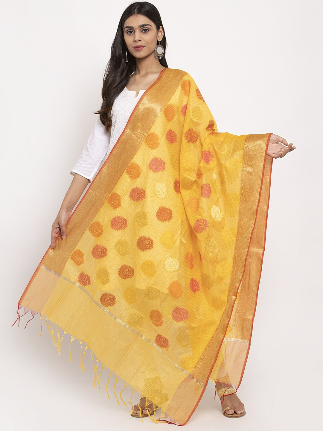

LOOM LEGACY Yellow & Red Woven Design Banarsi Jacquard Dupatta