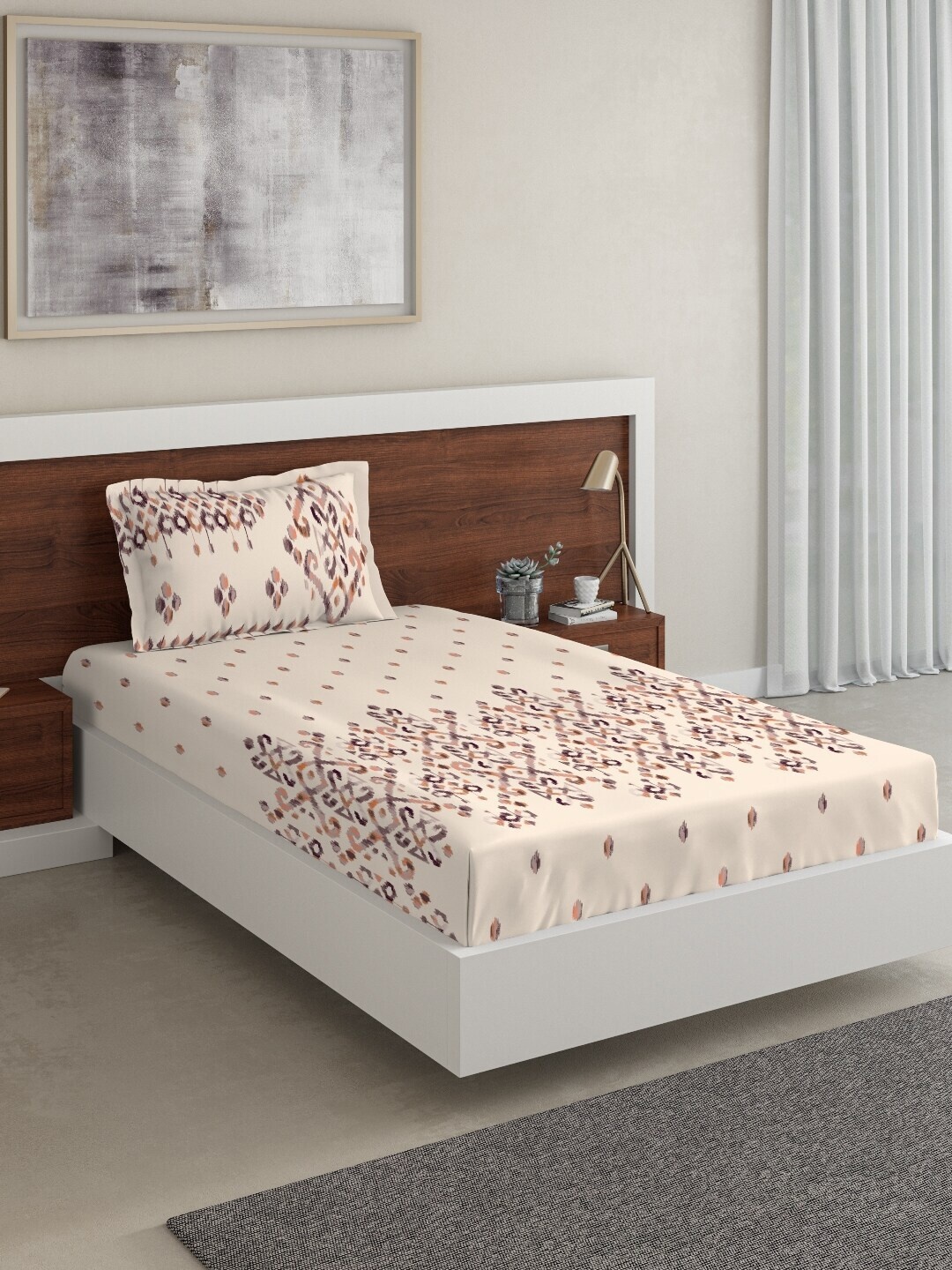 

DDecor Beige Abstract 144 TC Cotton 1 Single Bedsheet with 1 Pillow Covers