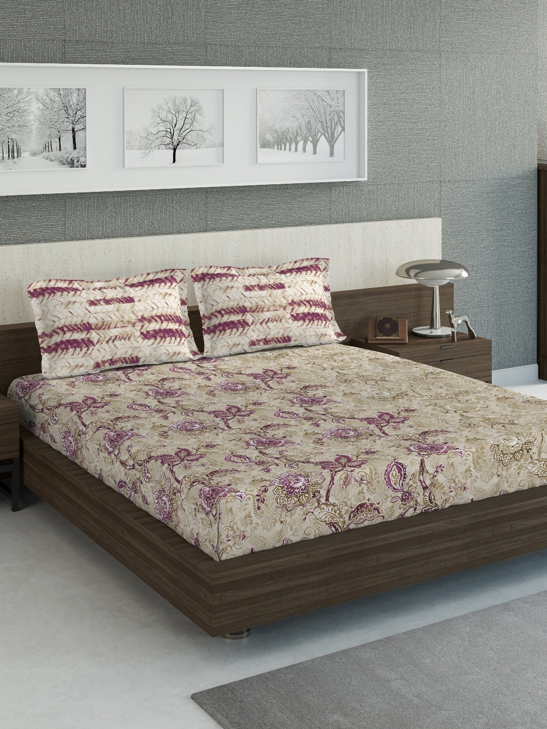 

DDecor Beige & Purple Floral 144 TC Cotton 1 King Bedsheet with 2 Pillow Covers
