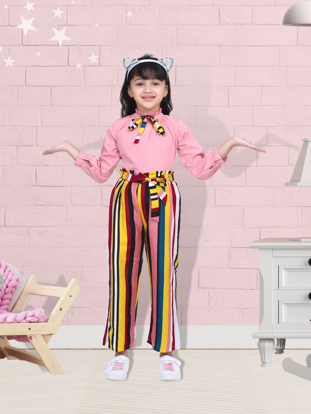 

Cutiekins Girls Pink & Mustard Yellow Solid Top with Palazzos