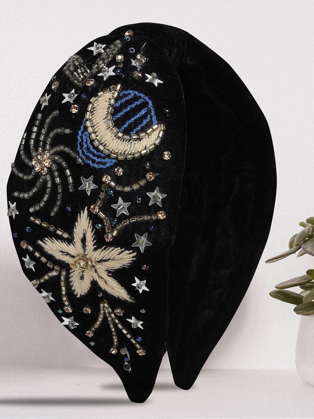 

Blueberry Black Velvet Embellished Handmade Knot Detail Hairband