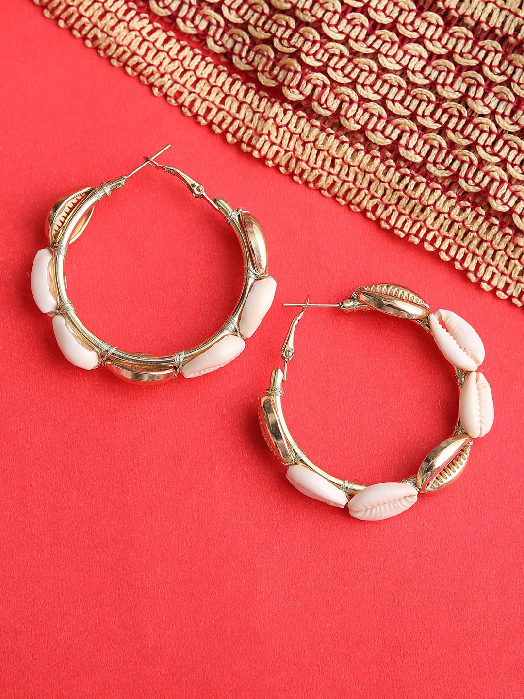 

Blueberry White Gold-Plated Shell Studded Handcrafted Hoop Earrings