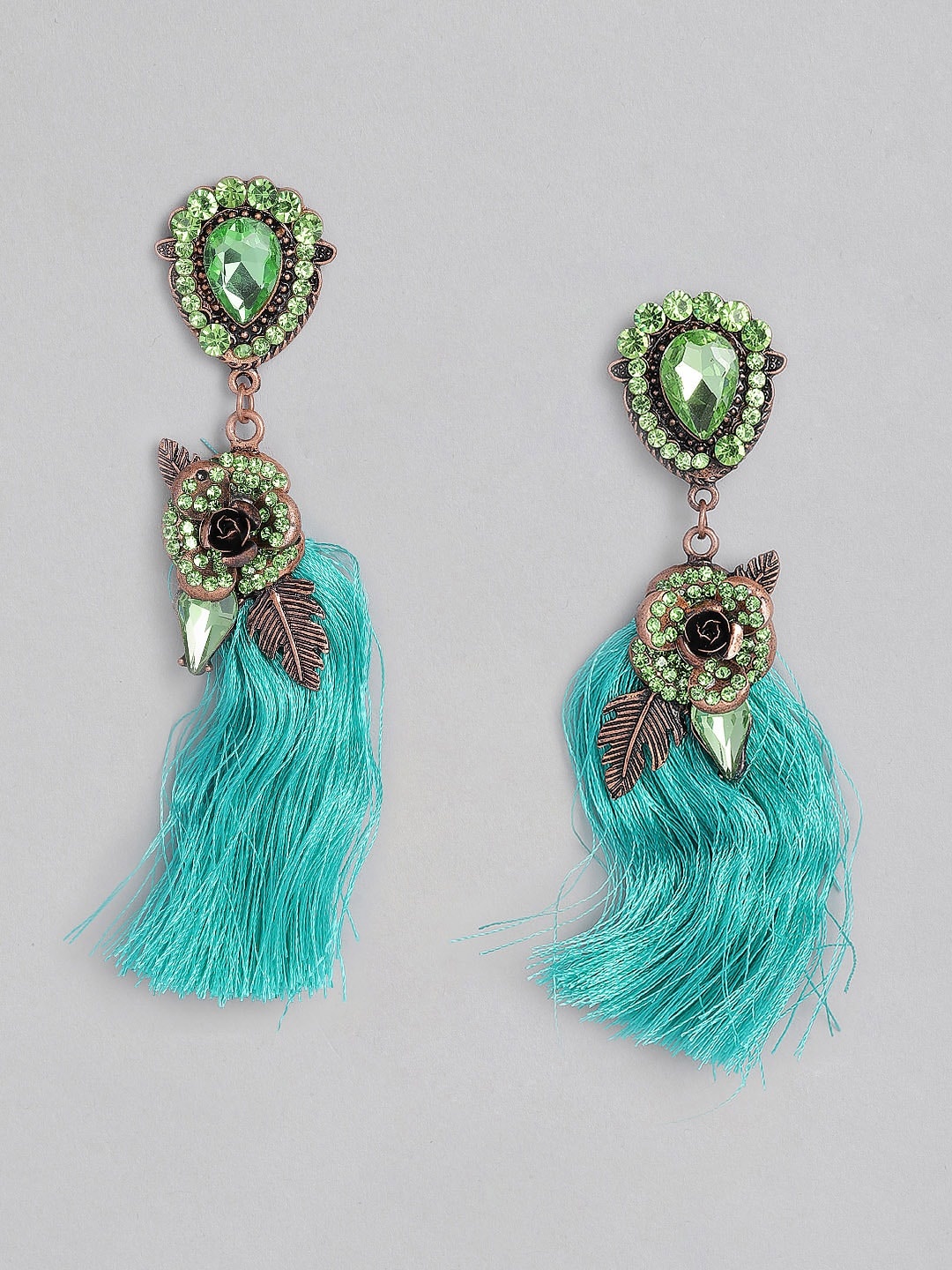 

DressBerry Apple Green & Teal Green Tassel Floral Drop Earrings