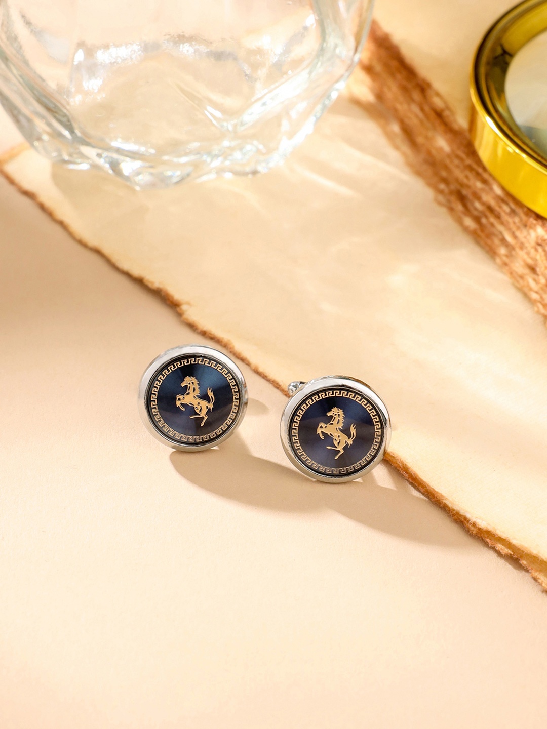 

Yellow Chimes Navy Blue & Silver-Toned Round Cufflinks