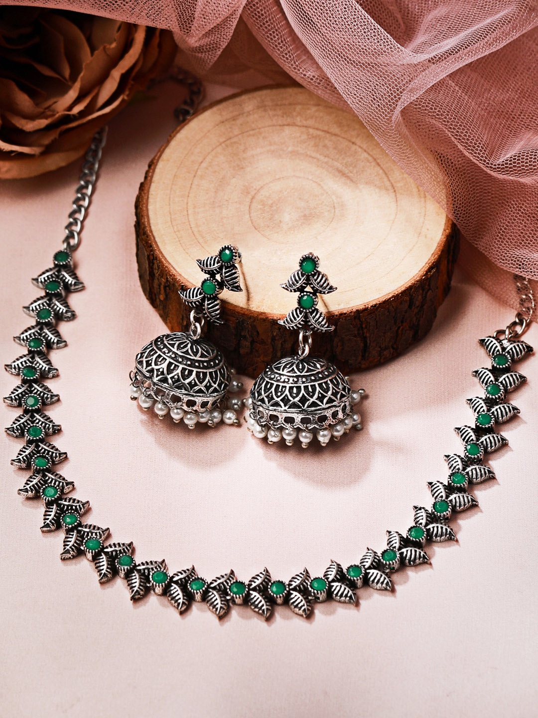 

Rubans Oxidised Silver-Plated Green Stone-Studded Handcrafted Jewellery Set