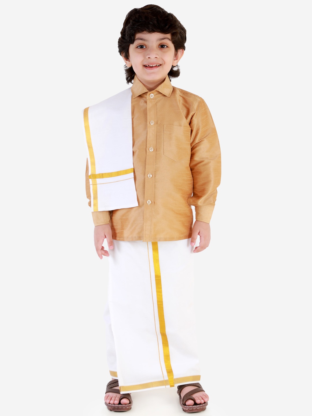 

JBN Creation Boys Gold-Toned & White Solid Shirt and Veshti