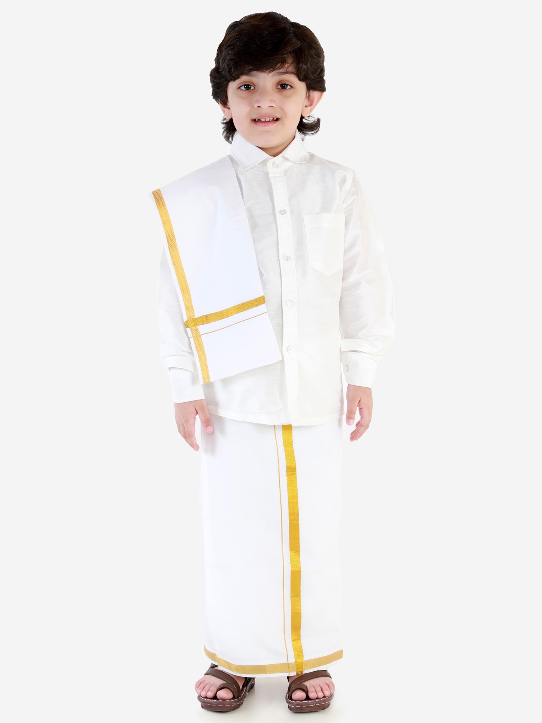 

JBN Creation Boys Off-White Solid Shirt and Veshti