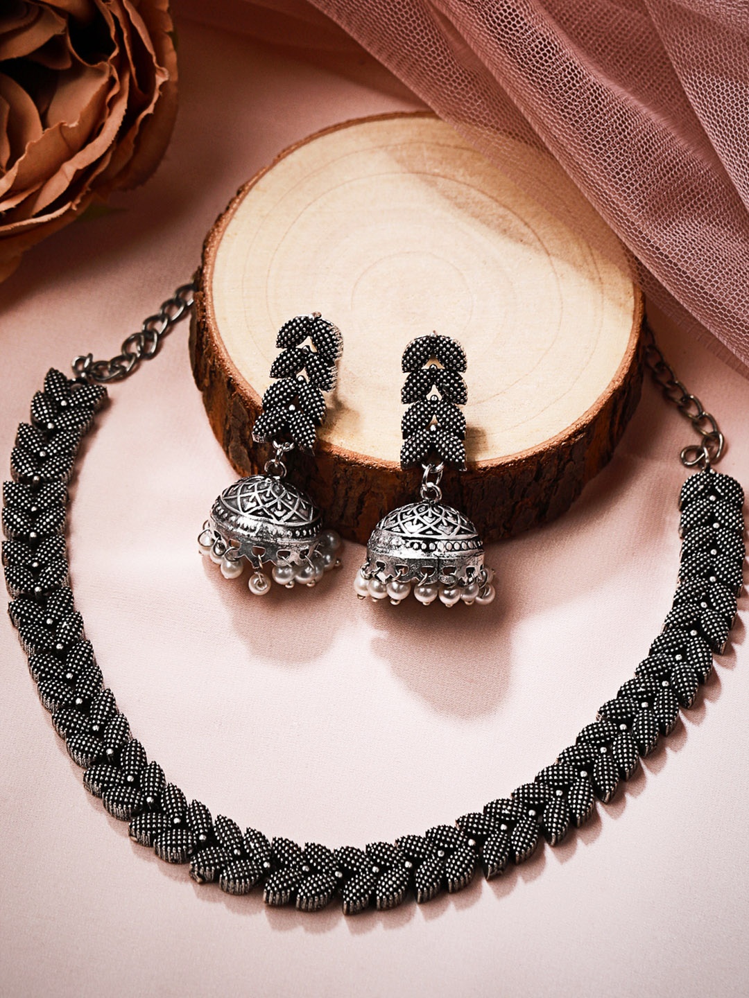 

Rubans Oxidized Silver-Plated Black & Off-White Beaded Handcrafted Jewellery Set