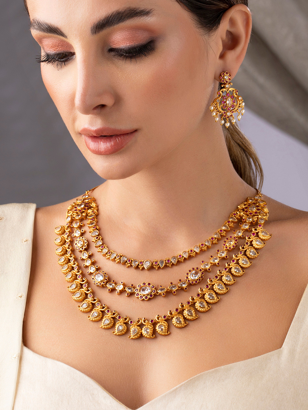 

Rubans Gold-Plated 22K Handcrafted Faux Ruby & Paisley Layered Jewellery Set