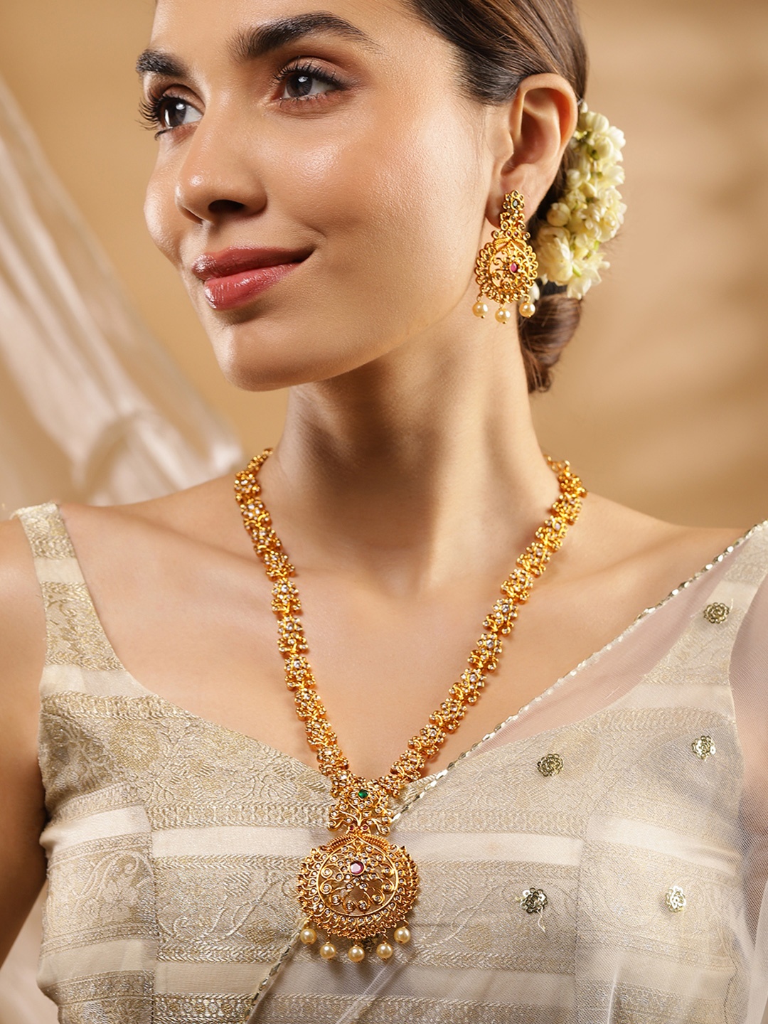 

Rubans 24K Gold Plated Ruby Emerald & CZ Studded Pearl Beaded Temple Jewellery Set
