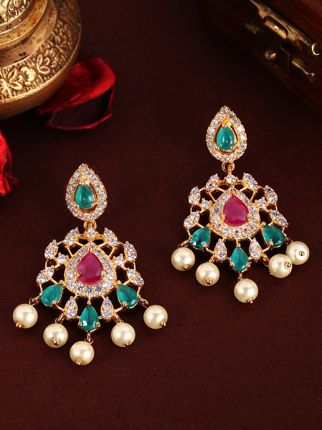 

Rubans Green Gold-Plated Teardrop Shaped Drop Earrings