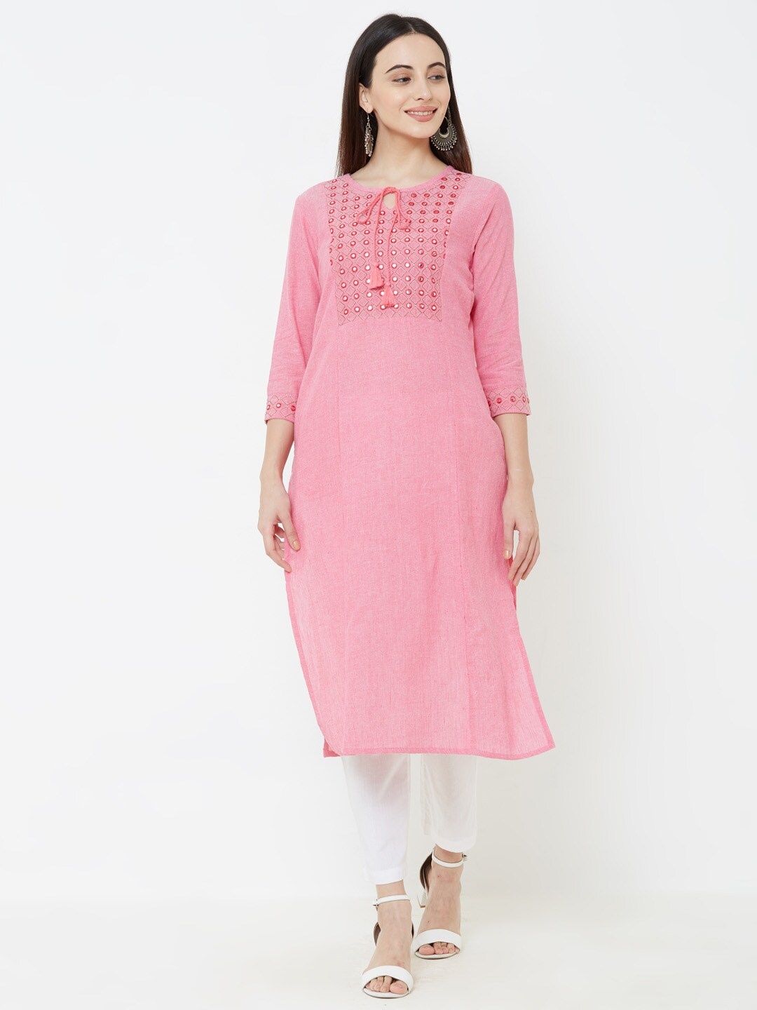 

FASHOR Women Pink Embroidered Straight Kurta