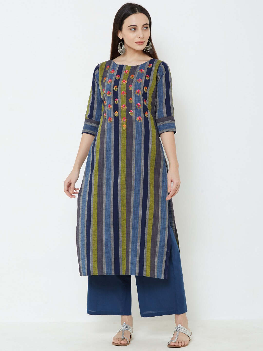

FASHOR Women Blue & Olive Green Striped Straight Kurta