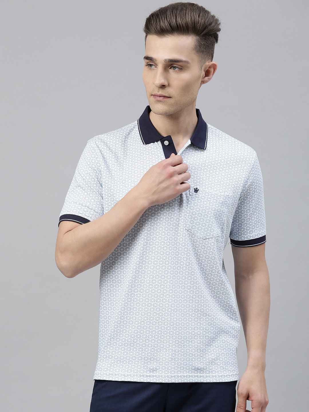 

Louis Philippe Men White Blue Printed Polo Collar Pure Cotton T-shirt