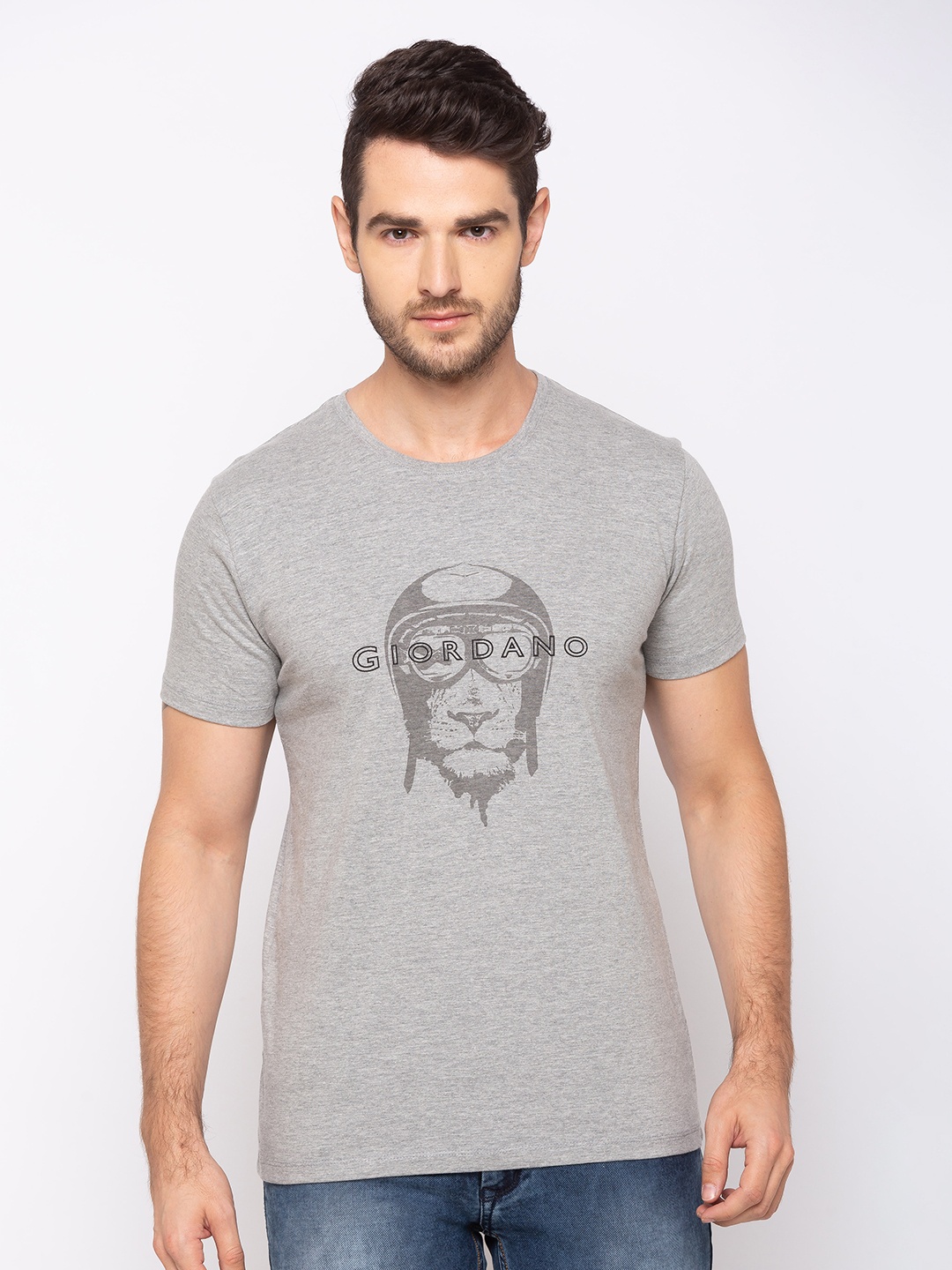 

GIORDANO Men Grey Printed Round Neck T-shirt