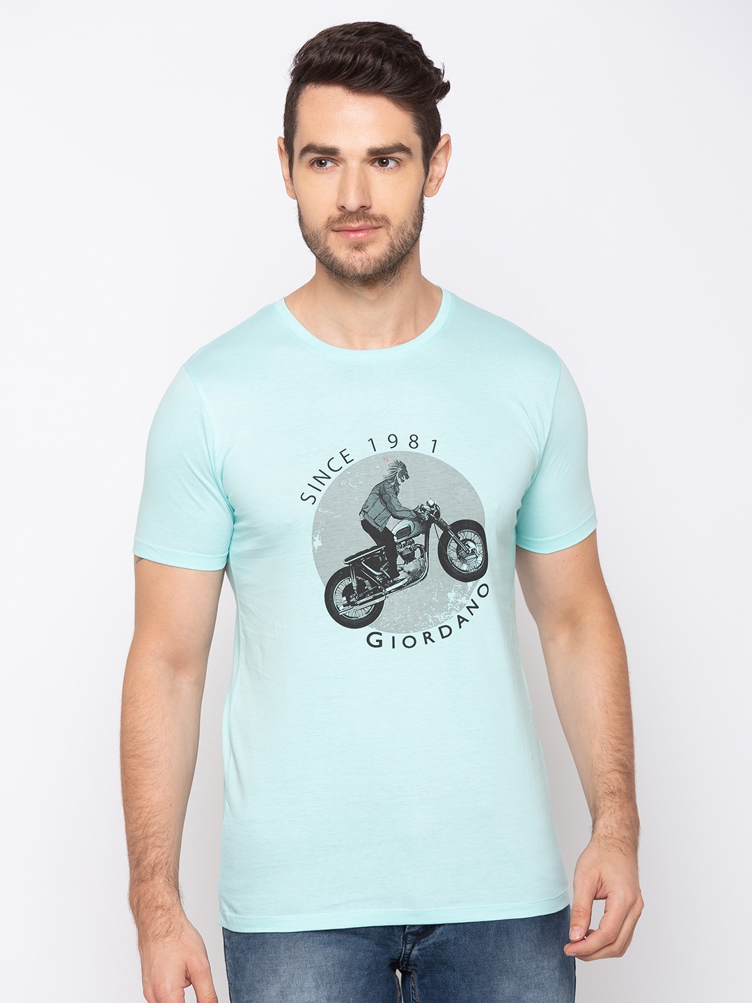 

GIORDANO Men Turquoise Blue Printed Round Neck T-shirt