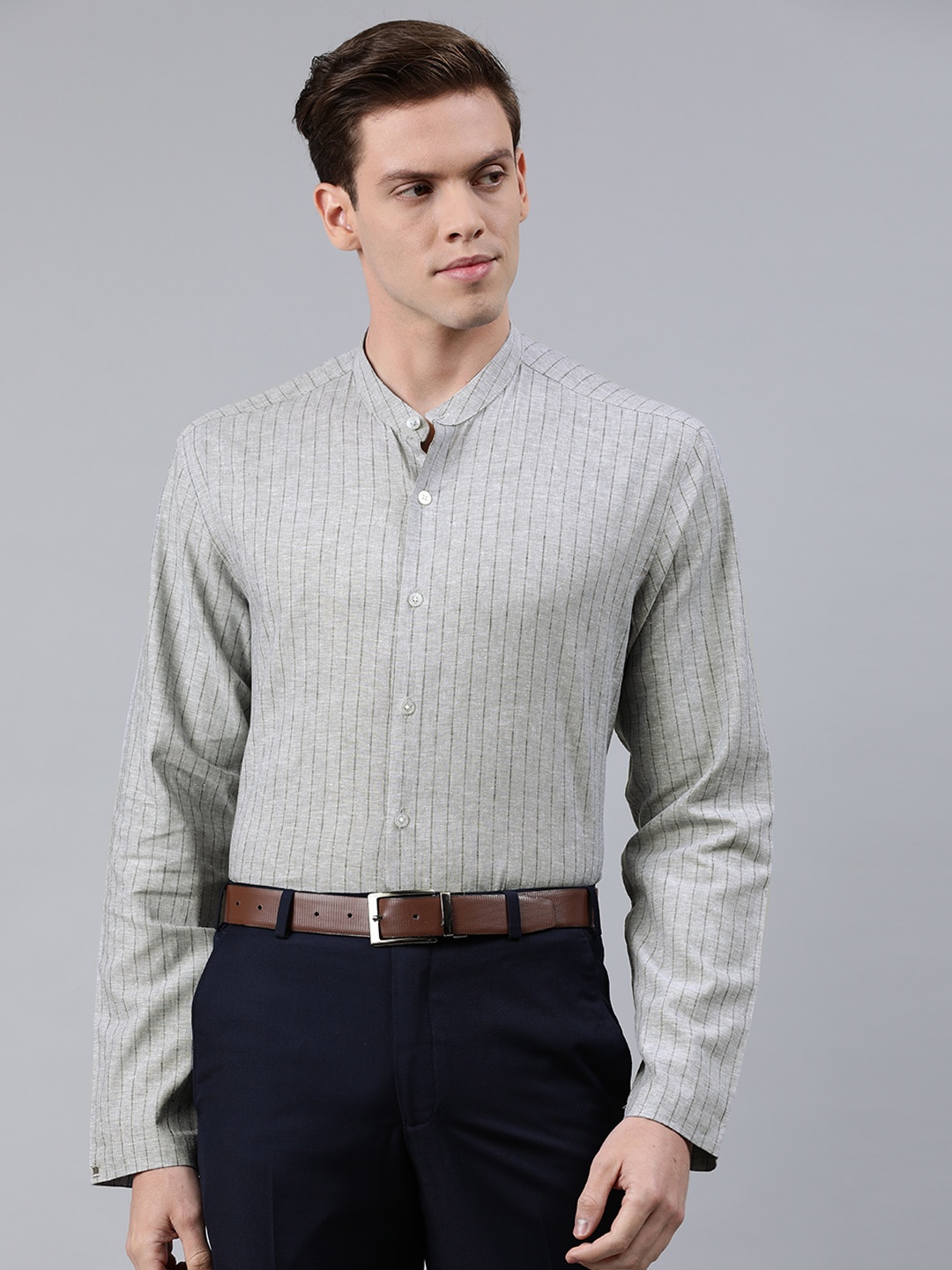 

Louis Philippe Men Grey Slim Fit Striped Formal Shirt