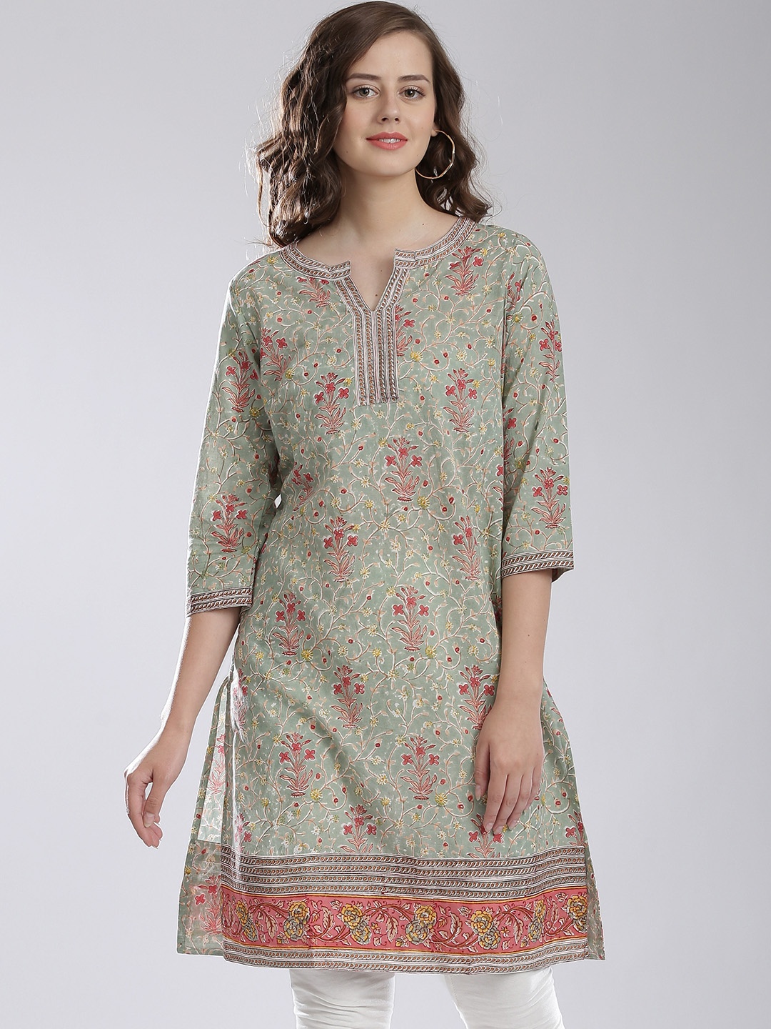 

Fabindia Green Floral Handblock Print Kurta