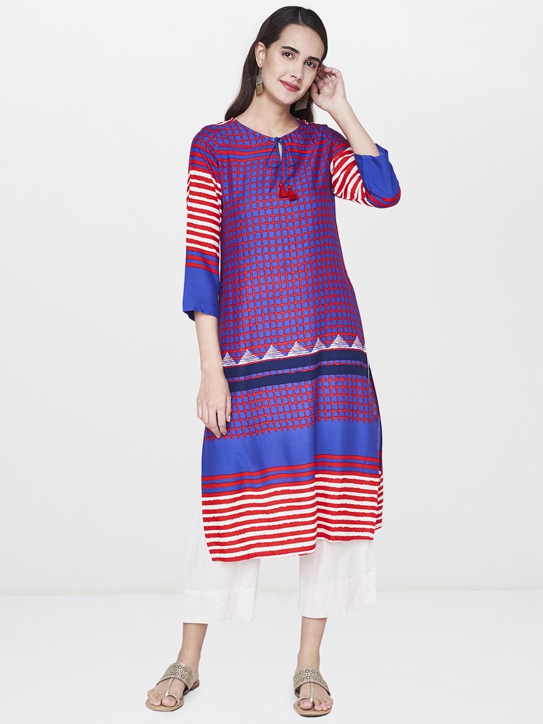 

Global Desi Women Blue & Red Checked A-Line Kurta