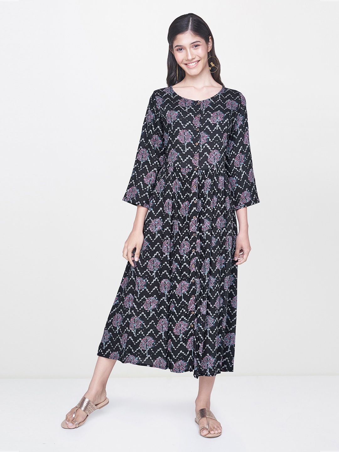 

Global Desi Women Black & Pink Printed A-Line Dress