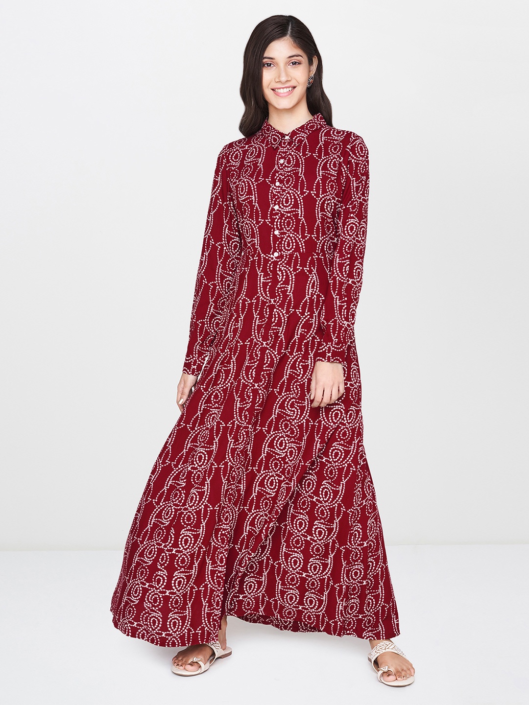 

Global Desi Women Maroon & Off-White Printed Maxi Dress
