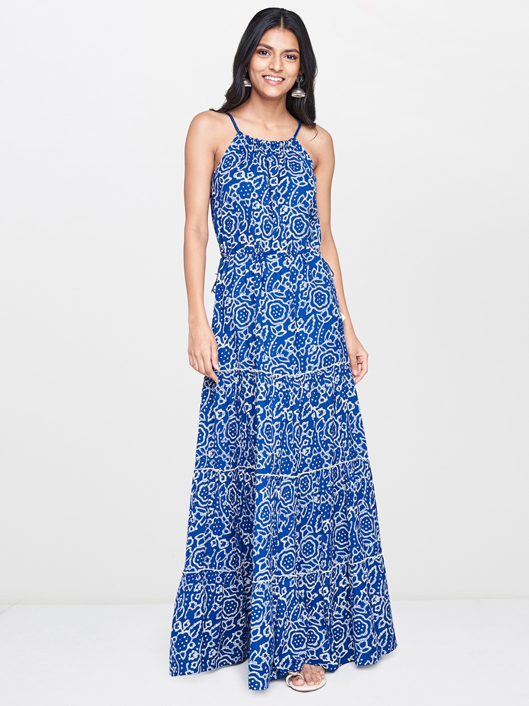 

Global Desi Women Blue & Cream-Coloured Bhandhani Printed Maxi Tiered Dress