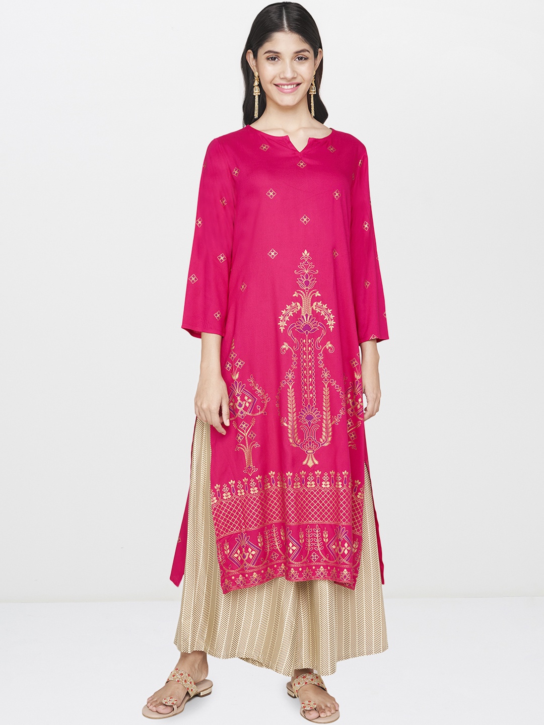 

Global Desi Women Pink & Gold-Toned Printed A-Line Kurta
