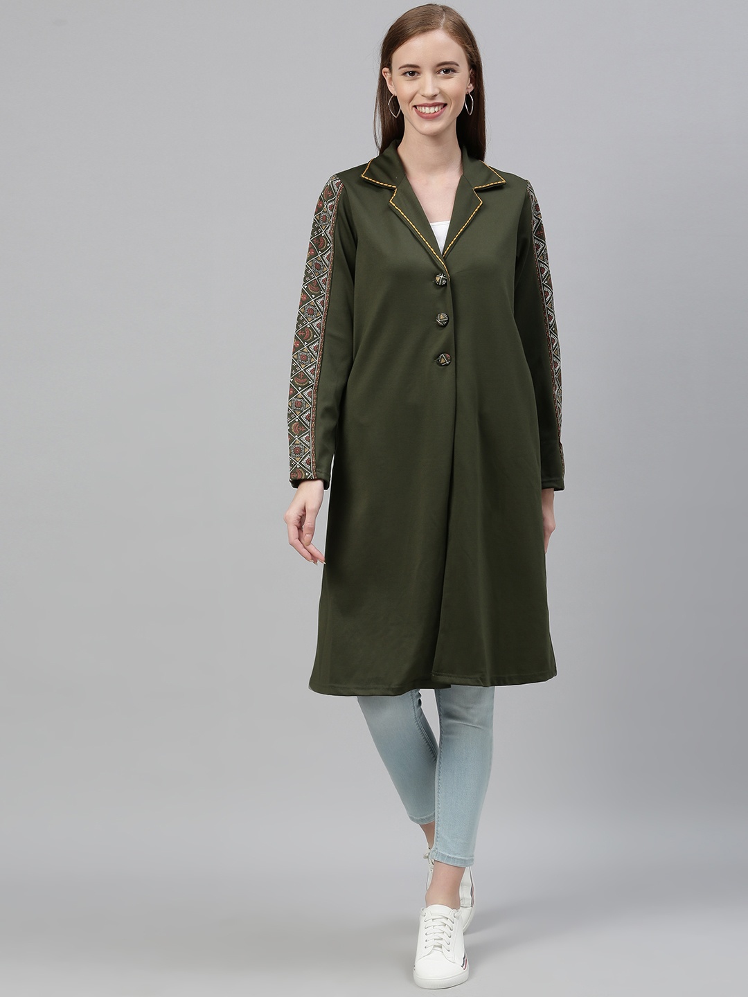 

Global Desi Women Olive Green Solid Longline Tailored Jacket