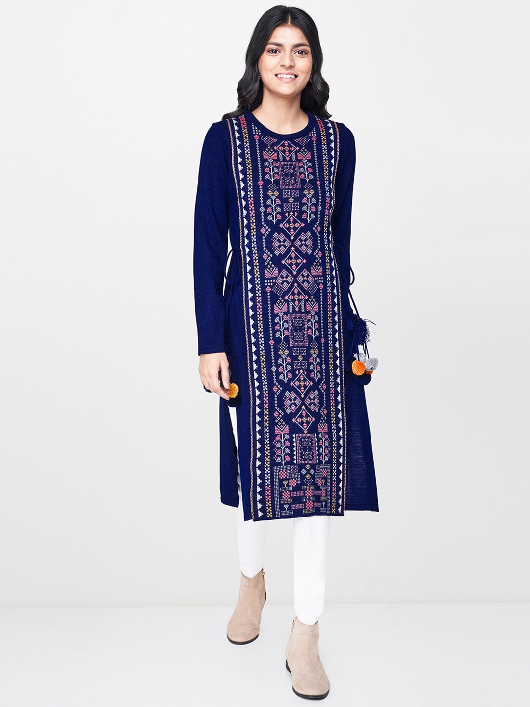 

Global Desi Women Blue & Grey Woven Design Straight Layered Sweater Kurta with Tie-Ups