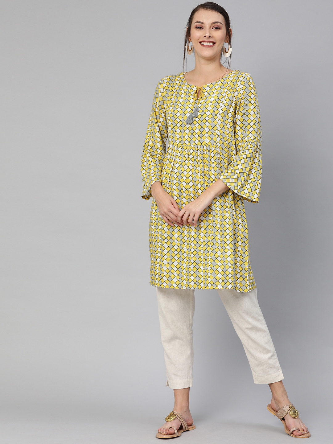 

Global Desi Women's Mustard & Grey Printed Tunic