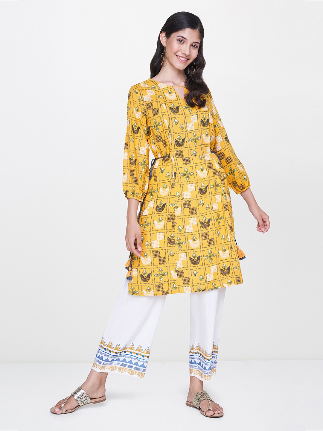

Global Desi Women Mustard Yellow & Charcoal Grey Printed Straight Kurta