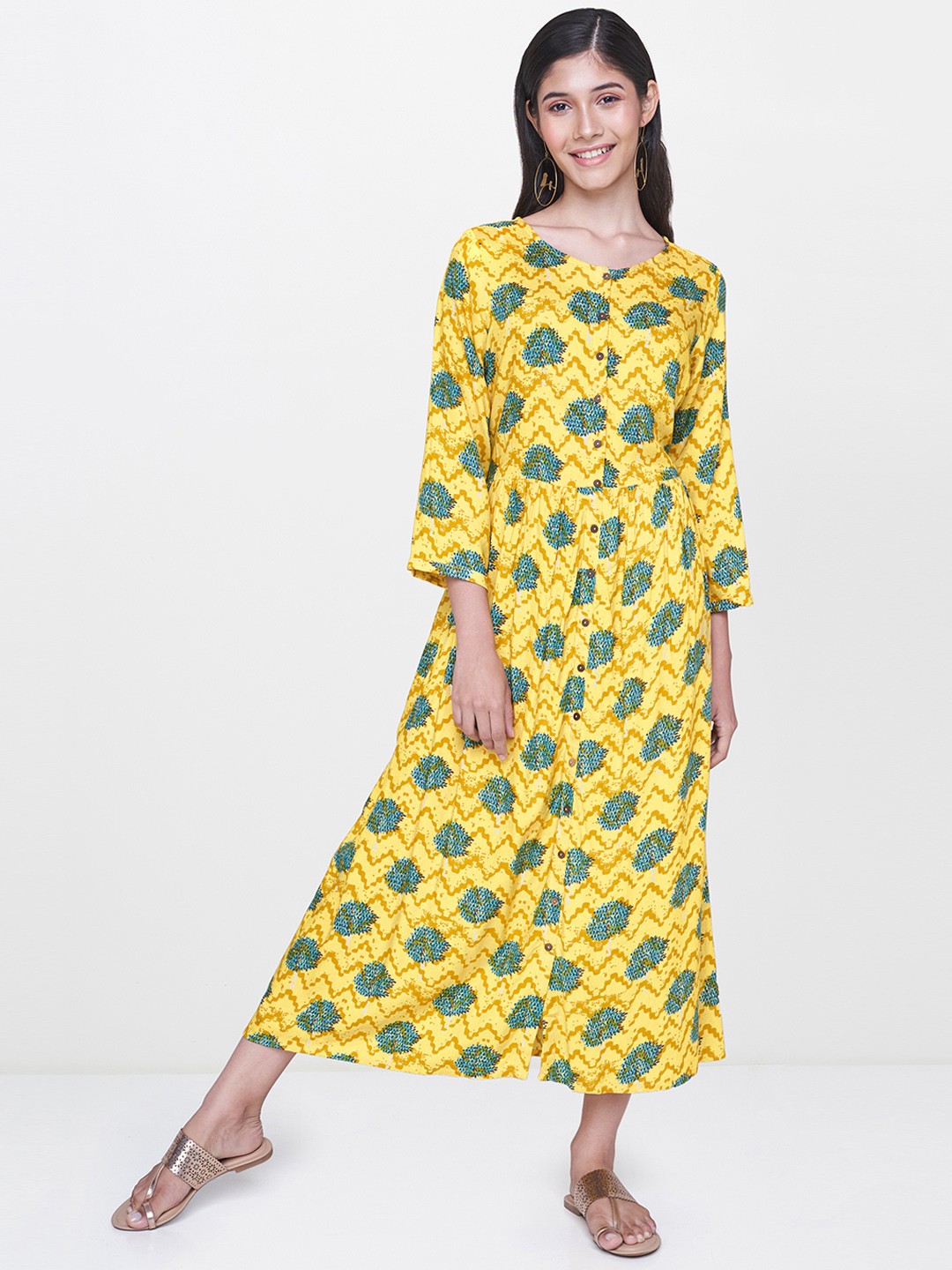 

Global Desi Women Mustard Printed Fit and Flare Dress