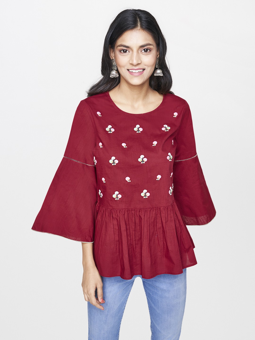 

Global Desi Women Maroon Embroidered Pure Cotton Top with Gathers