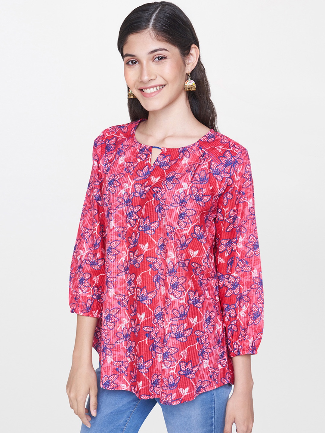 

Global Desi Women Pink & Blue Printed Top with Tie-Up Neck