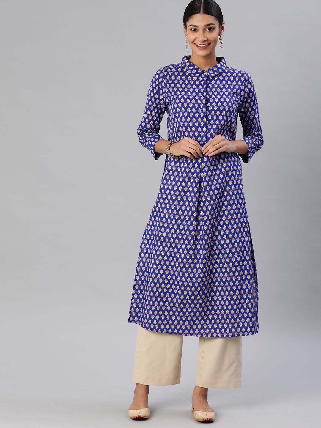 

Global Desi Women Blue Printed Straight Kurta