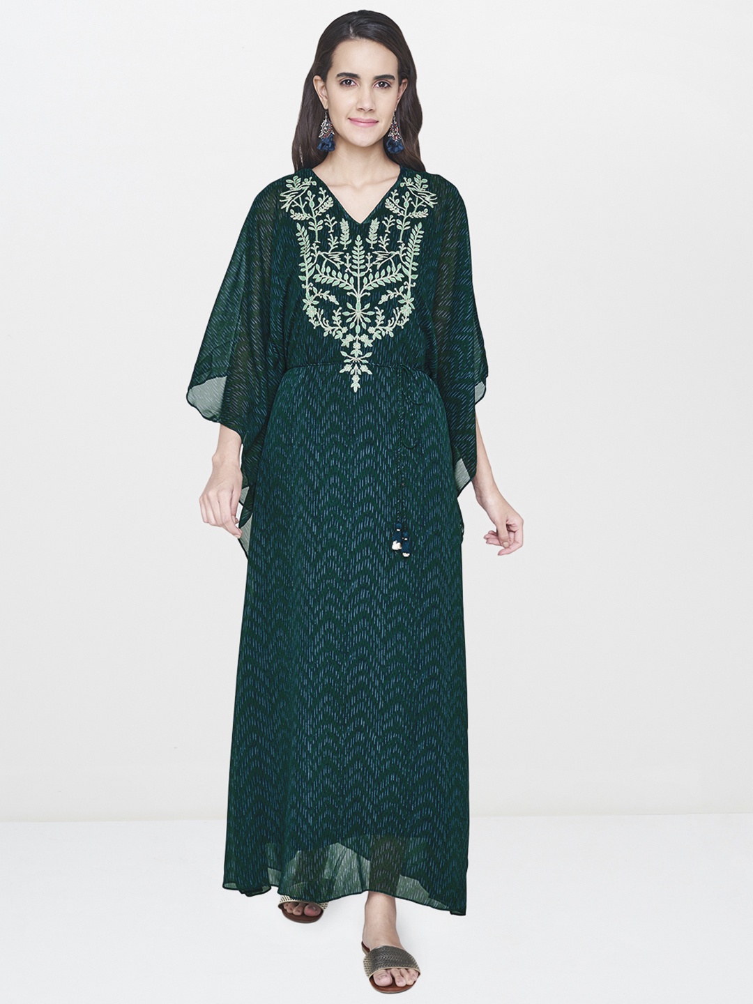 

Global Desi Women Green Floral Embroidered Kimono Sleeved Maxi Dress with Tie-Ups