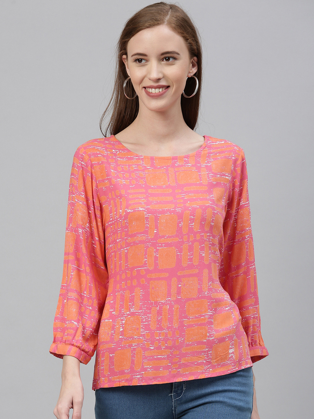 

Global Desi Women Pink & Orange Geometrc Printed Top with Tie-Ups
