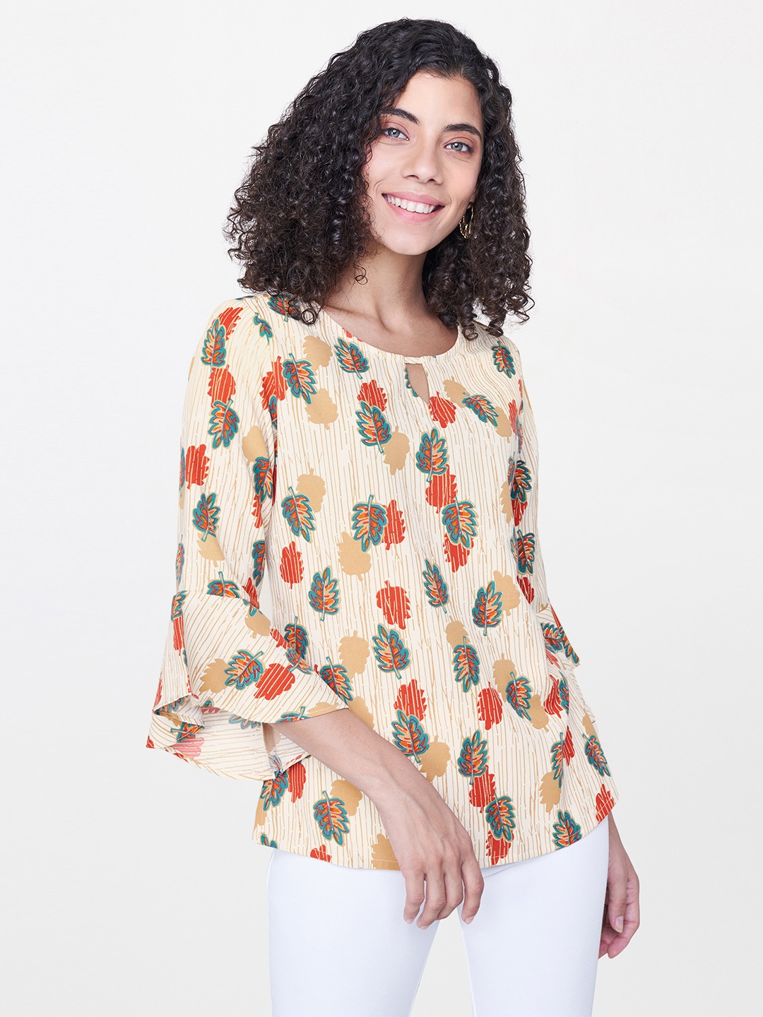 

Global Desi Women Off-White & Red Printed Bell Sleeved Top