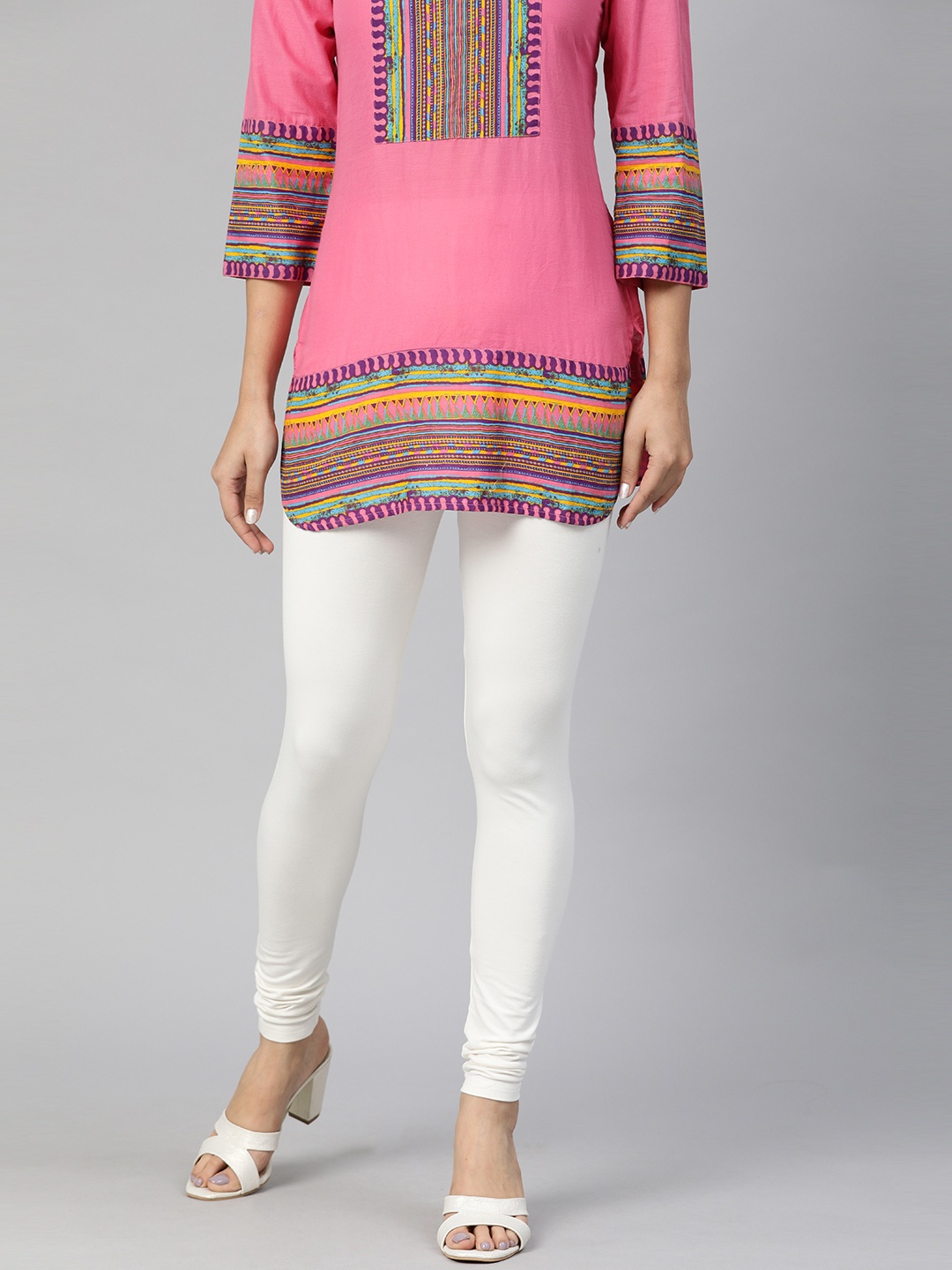 

Global Desi Women White Solid Churidar Length Leggings