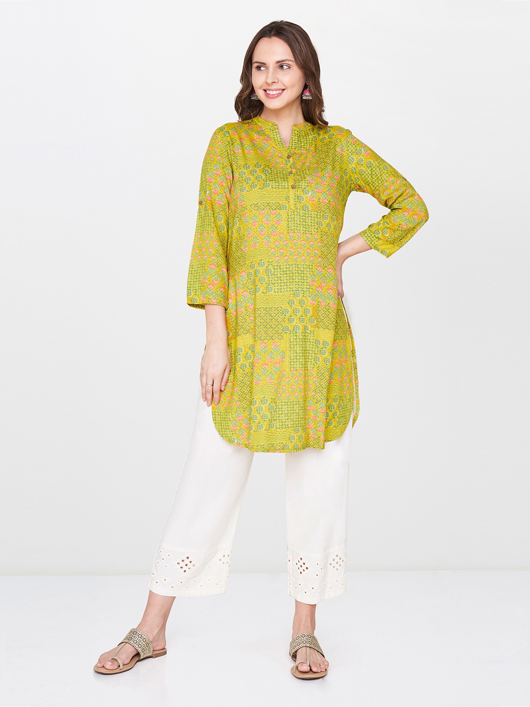 

Global Desi Women Lime Green & Pink Printed A-Line Kurta